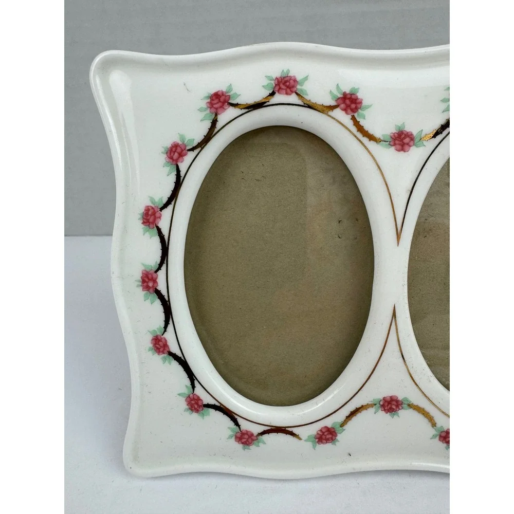 Vintage Ceramic Double Picture Frame Pink Rosebud Floral Scalloped Oval 5x7